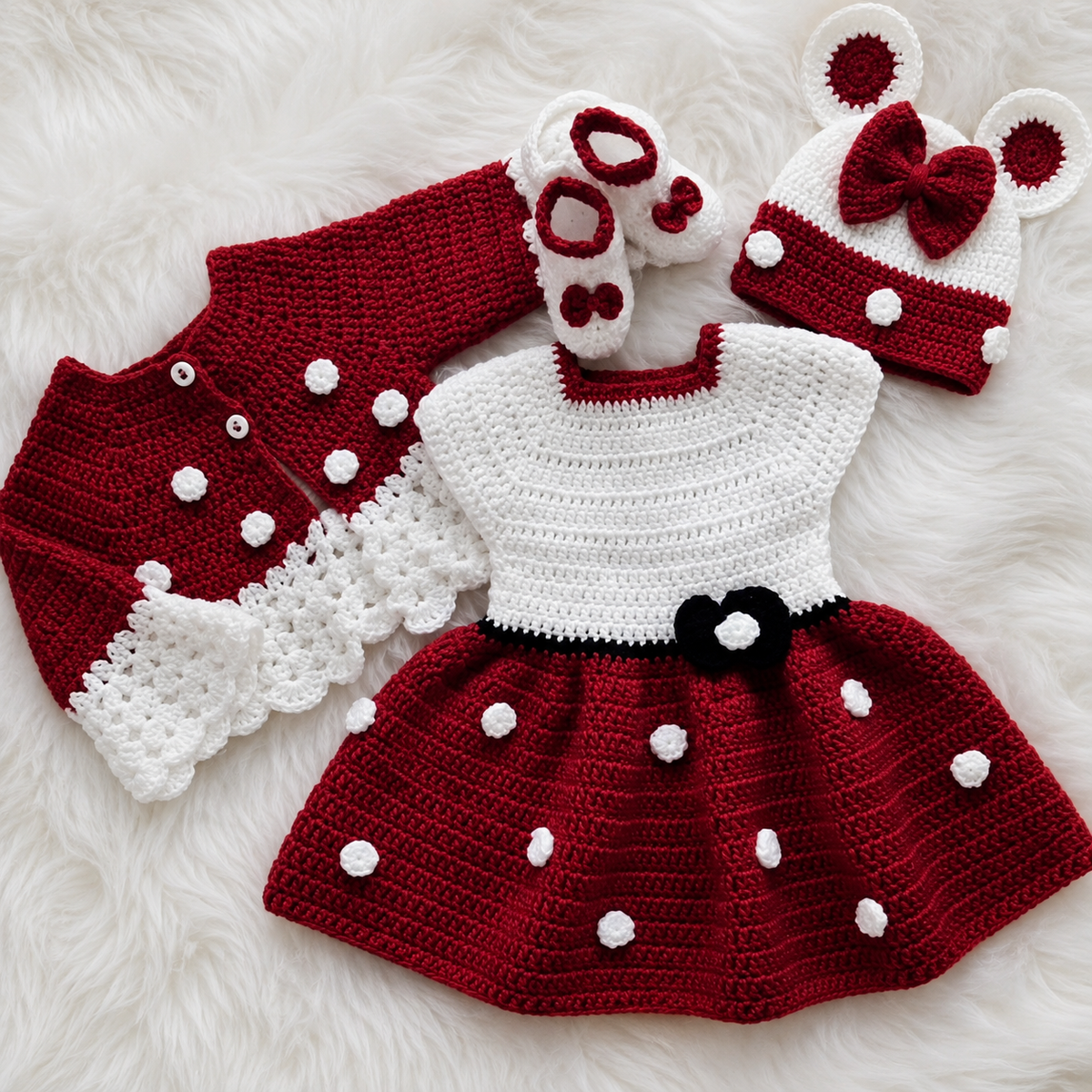 4-Piece Luxury Handmade Baby Girl Crochet Frock Set – Frock, Cardigan, Shoes & Cap | Red & Pink 🎀🧶