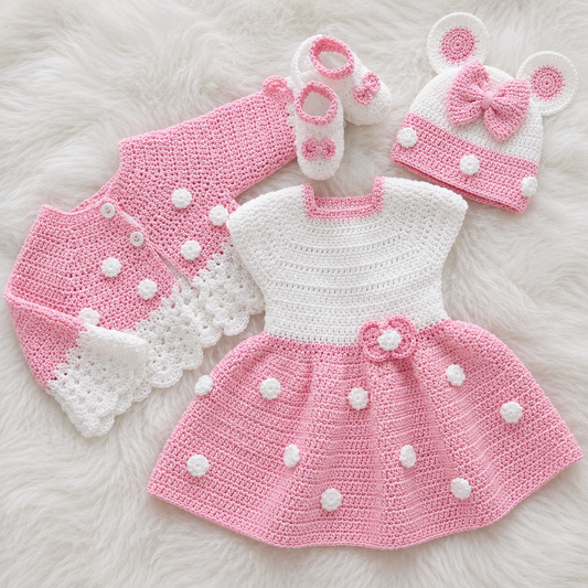 4-Piece Luxury Handmade Baby Girl Crochet Frock Set – Frock, Cardigan, Shoes & Cap | Red & Pink 🎀🧶
