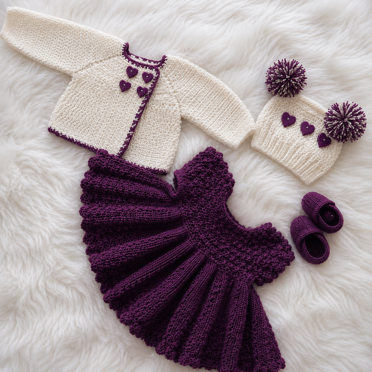4-Piece Luxury Handmade Baby Girl Crochet Frock Set – Frock, Cardigan, Cap & Shoes | Red & Purple 🎀🧶