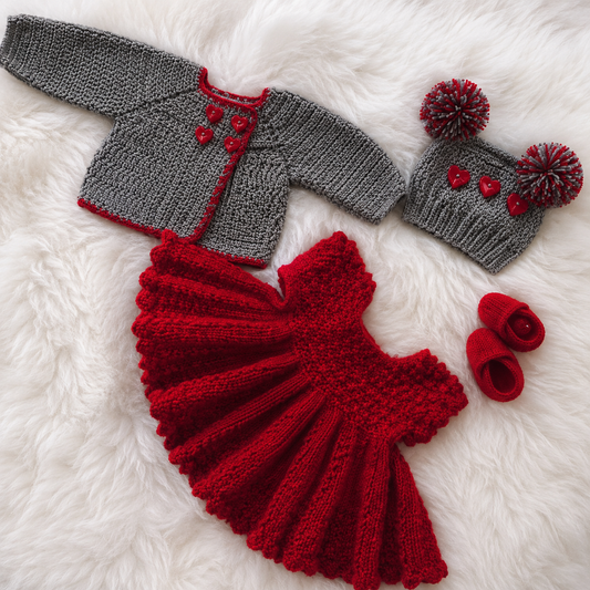4-Piece Luxury Handmade Baby Girl Crochet Frock Set – Frock, Cardigan, Cap & Shoes | Red & Purple 🎀🧶