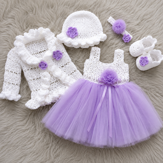 🌸 Luxury 5-Piece Baby Girls Crochet Dress Set – Crochet Dress, Ruffled Cardigan, Matching Hat, Headband & Booties | White & Red Color Collection 👶🧶🎀❤️🤍