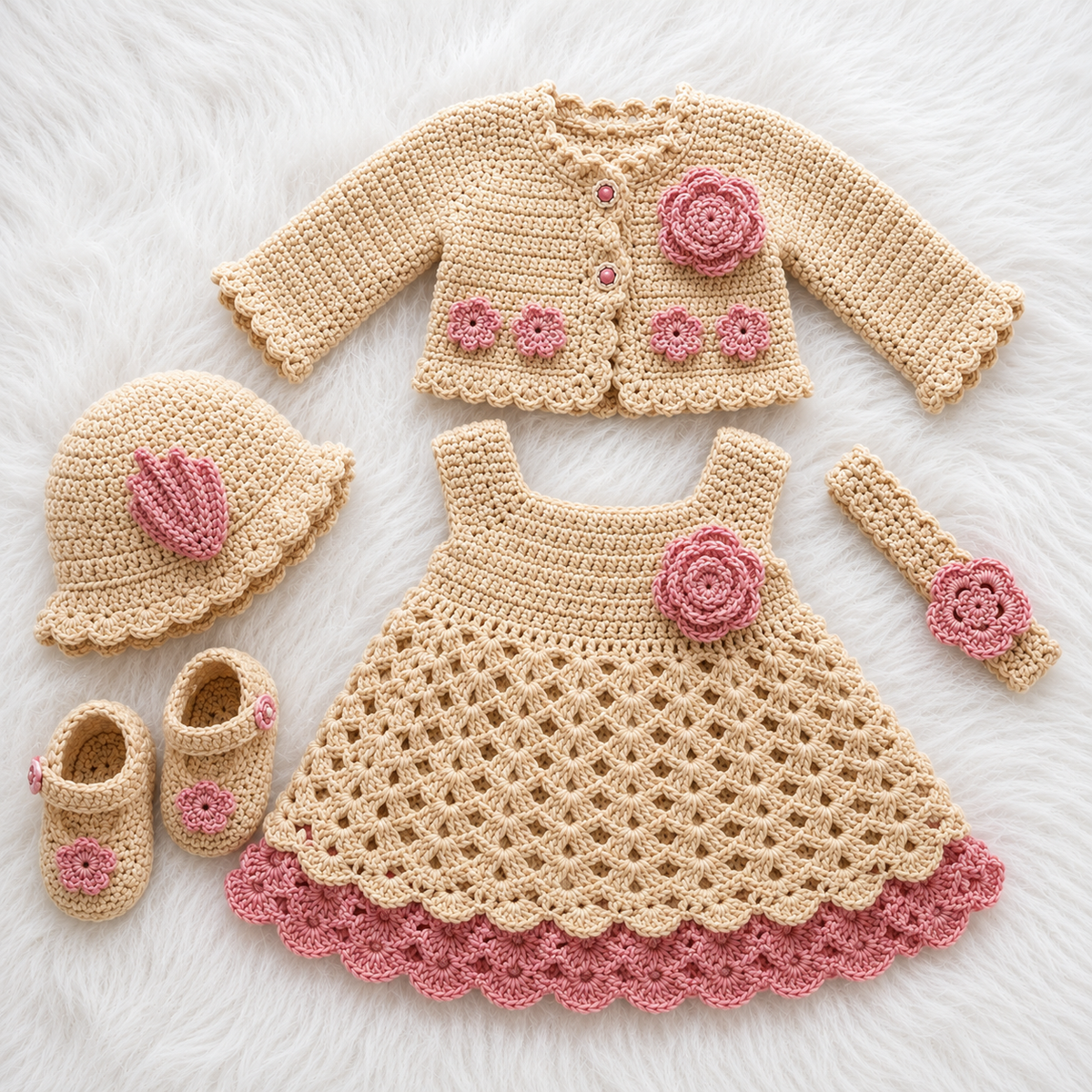 🌸 Luxury 5-Piece Baby Girls Crochet Dress Set – Handmade Crochet Dress, Full-Sleeve Cardigan, Matching Hat, Headband & Booties | Black & Skin Color Collection 👶🧶🎀🖤🤎