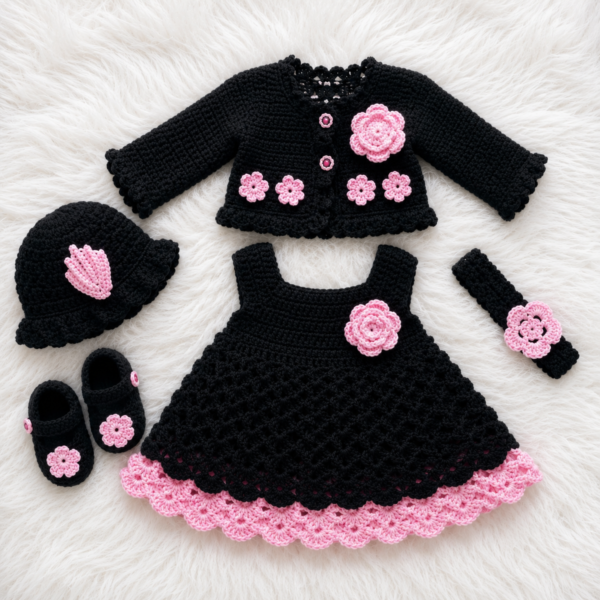 🌸 Luxury 5-Piece Baby Girls Crochet Dress Set – Handmade Crochet Dress, Full-Sleeve Cardigan, Matching Hat, Headband & Booties | Black & Skin Color Collection 👶🧶🎀🖤🤎