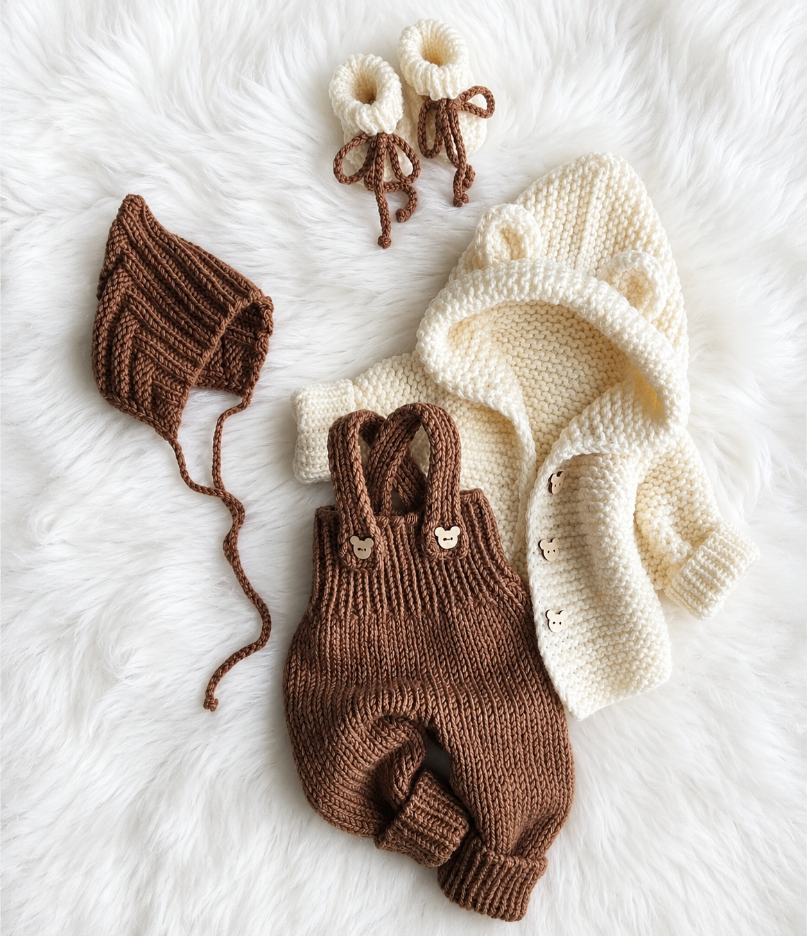 Luxury 4-Piece Handmade Crochet Baby Outfit Set – Bear Ear Hooded Cardigan, Romper, Bonnet & Booties | Soft Premium Winter Collection 🧸🤍