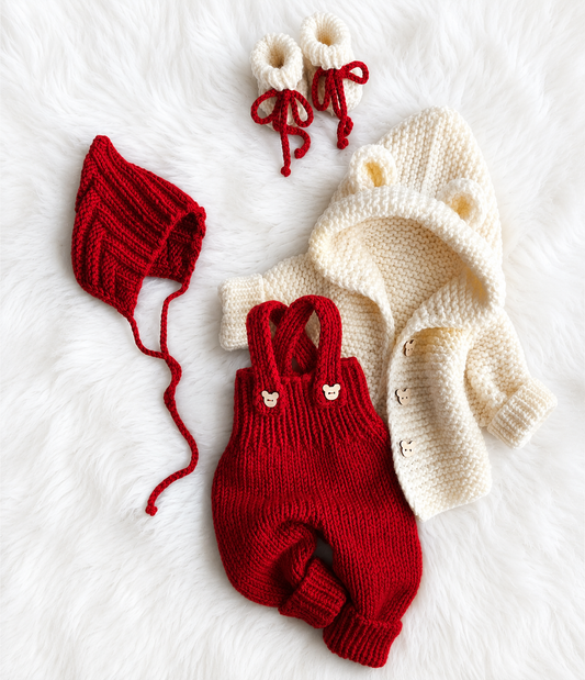 Elegant Handmade Crochet Baby Winter Set – Blood Red Romper with Bear Ear Hooded Cardigan, Shoes & Cap | Soft Premium Yarn✨🧸