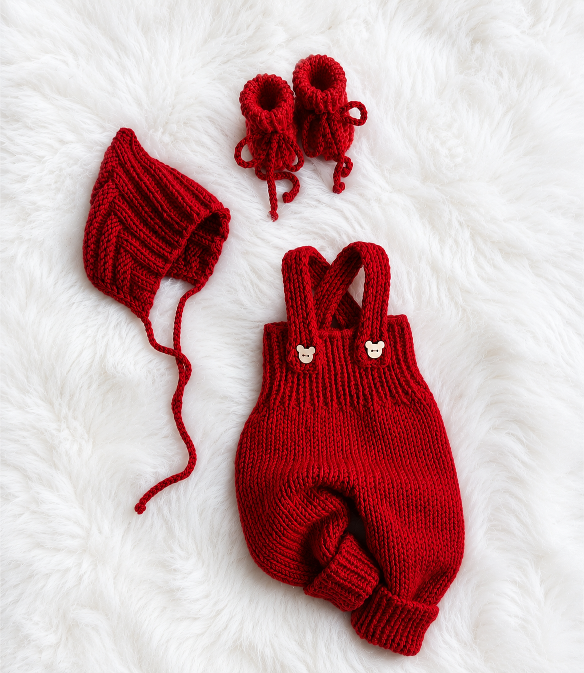 Elegant Handmade Crochet Baby Winter Set – Blood Red Romper with Bear Ear Hooded Cardigan, Shoes & Cap | Soft Premium Yarn✨🧸