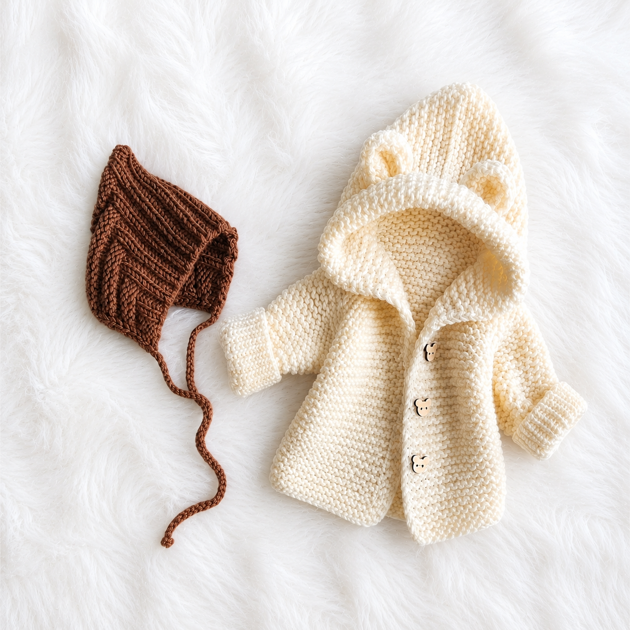 Luxury 4-Piece Handmade Crochet Baby Outfit Set – Bear Ear Hooded Cardigan, Romper, Bonnet & Booties | Soft Premium Winter Collection 🧸🤍