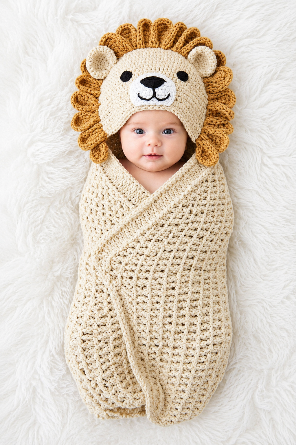 🦁 Luxury Handmade Crochet Lion Baby Cocoon with Hood – Premium Winter Collection 👶🧶✨