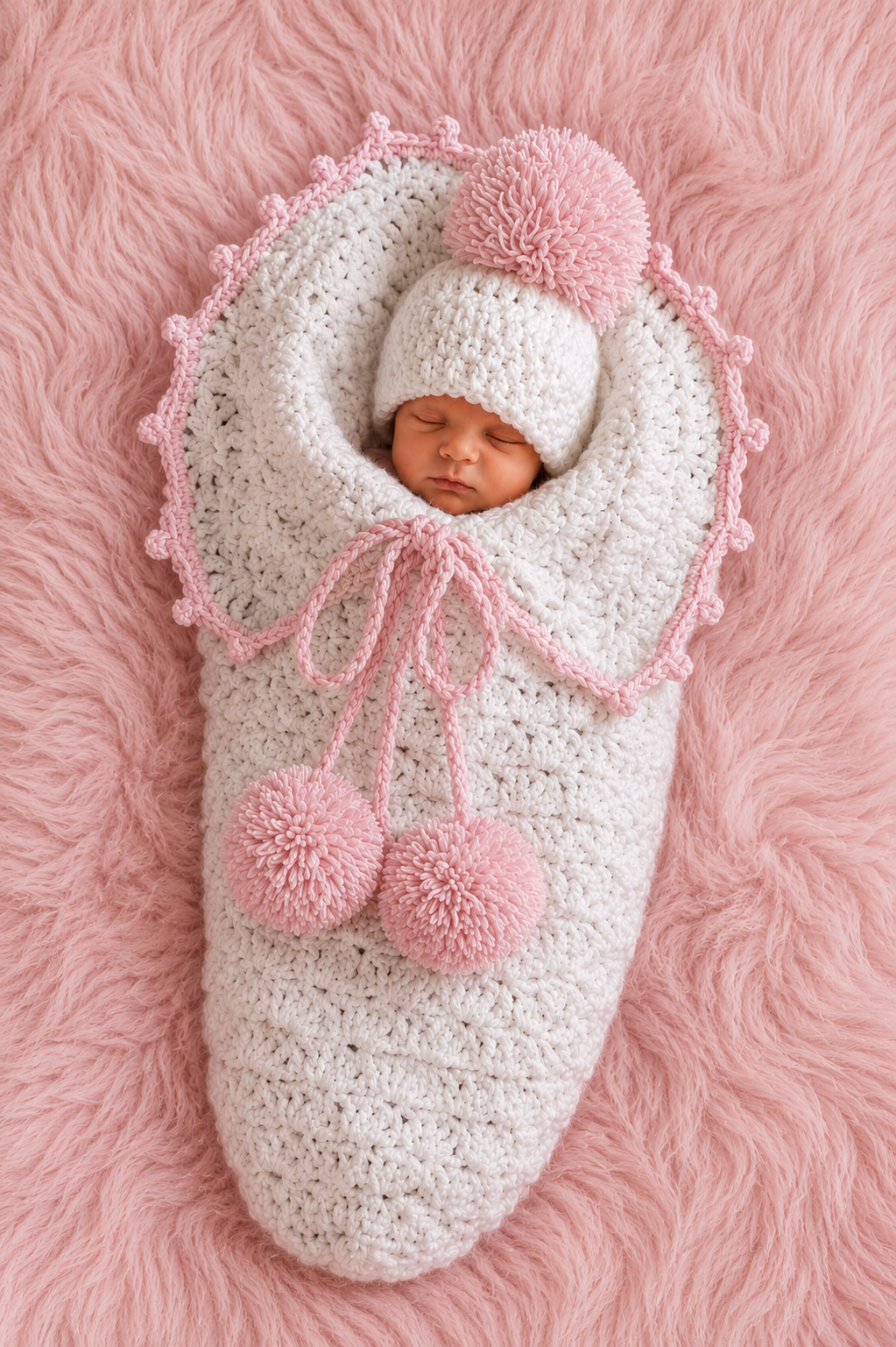 🩷 Luxury Handmade Crochet Baby Cocoon & Pom-Pom Hat Set – Premium Newborn Swaddle | Available in Sky Blue & Baby Pink 👶🧶✨