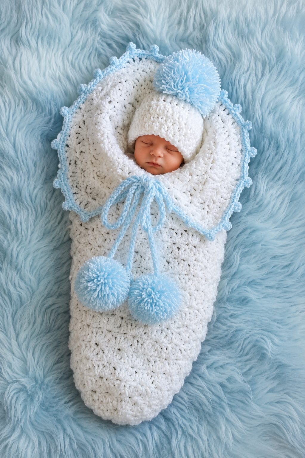 🩷 Luxury Handmade Crochet Baby Cocoon & Pom-Pom Hat Set – Premium Newborn Swaddle | Available in Sky Blue & Baby Pink 👶🧶✨