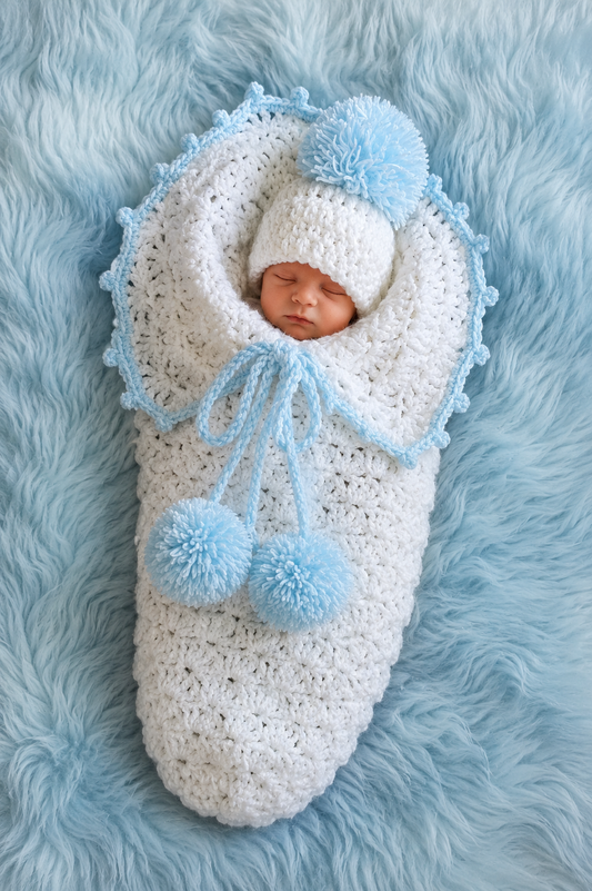 🩷 Luxury Handmade Crochet Baby Cocoon & Pom-Pom Hat Set – Premium Newborn Swaddle | Available in Sky Blue & Baby Pink 👶🧶✨