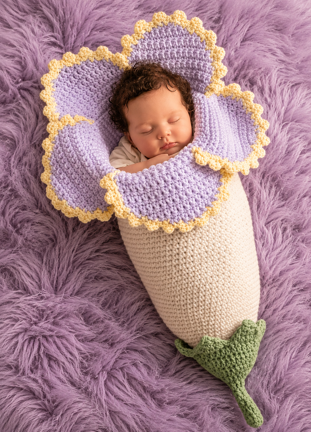 🌸 Premium Flower Petal Crochet Baby Cocoon – Soft Handmade Newborn Nest | Pink, Purple & Gray