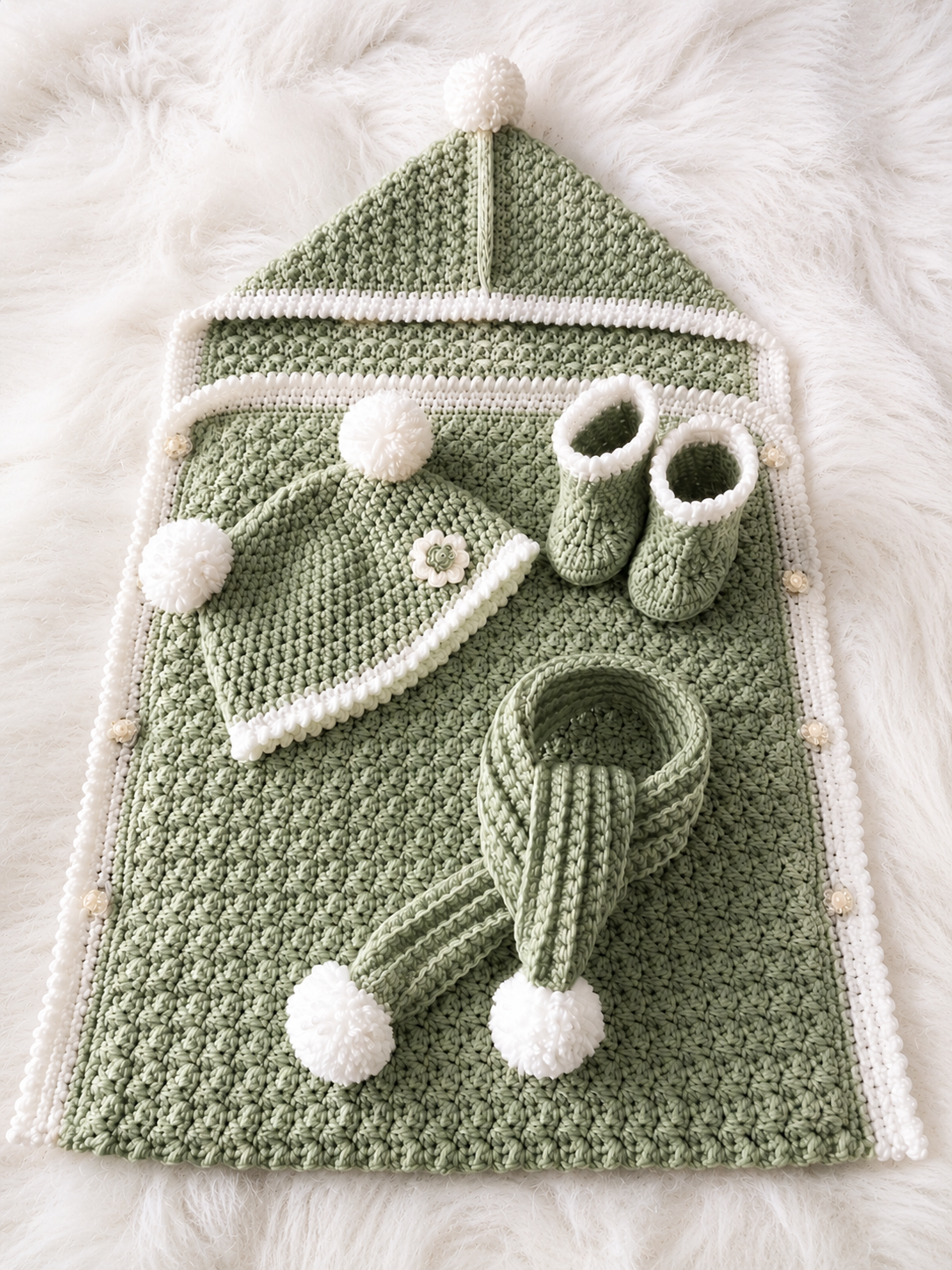 🧶 Luxury 4 Piece Handmade Crochet Baby Set – Hooded Blanket, Hat, Booties & Scarf | Available in Baby Pink, Sky Blue & Sage Green 👶✨