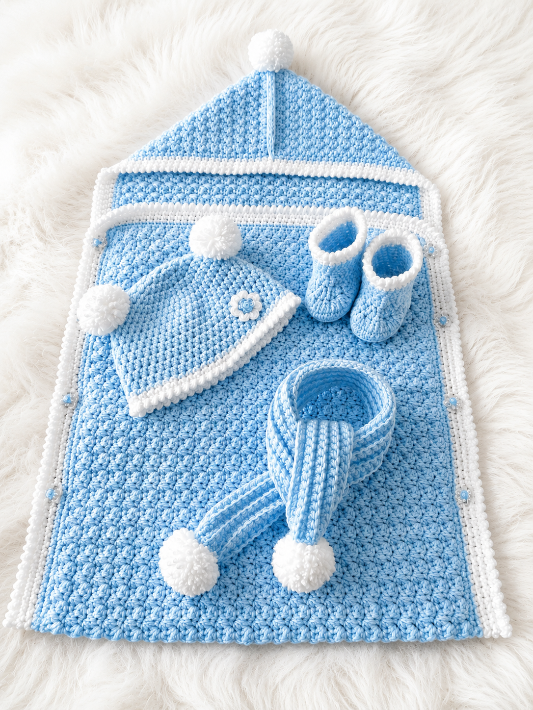 🧶 Luxury 4 Piece Handmade Crochet Baby Set – Hooded Blanket, Hat, Booties & Scarf | Available in Baby Pink, Sky Blue & Sage Green 👶✨