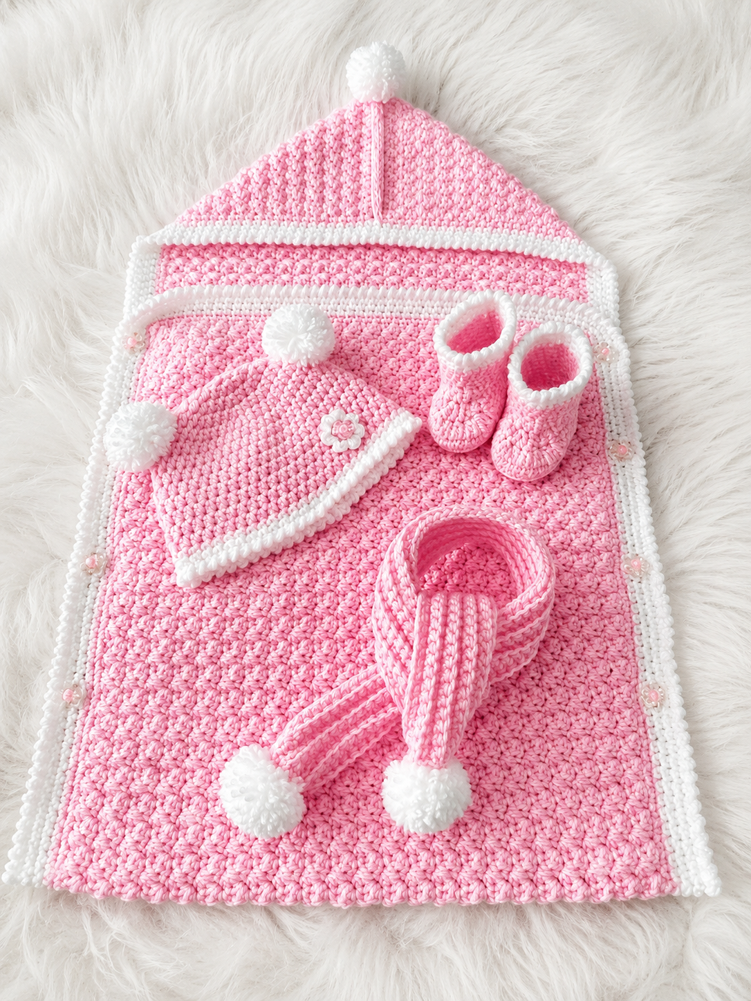 🧶 Luxury 4 Piece Handmade Crochet Baby Set – Hooded Blanket, Hat, Booties & Scarf | Available in Baby Pink, Sky Blue & Sage Green 👶✨