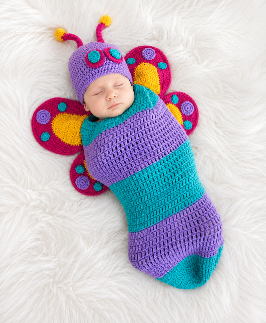 🦋 Luxury Handmade Crochet Butterfly Baby Cocoon & Hat Set – Newborn Photography Swaddle | Available in Baby Pink, Lavender Purple & Teal Green 👶🧶✨