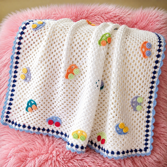 🚗 Luxury Handmade Crochet Baby Blanket – Colorful Car Appliqué Design | Premium Newborn & Toddler Blanket 👶🧶✨