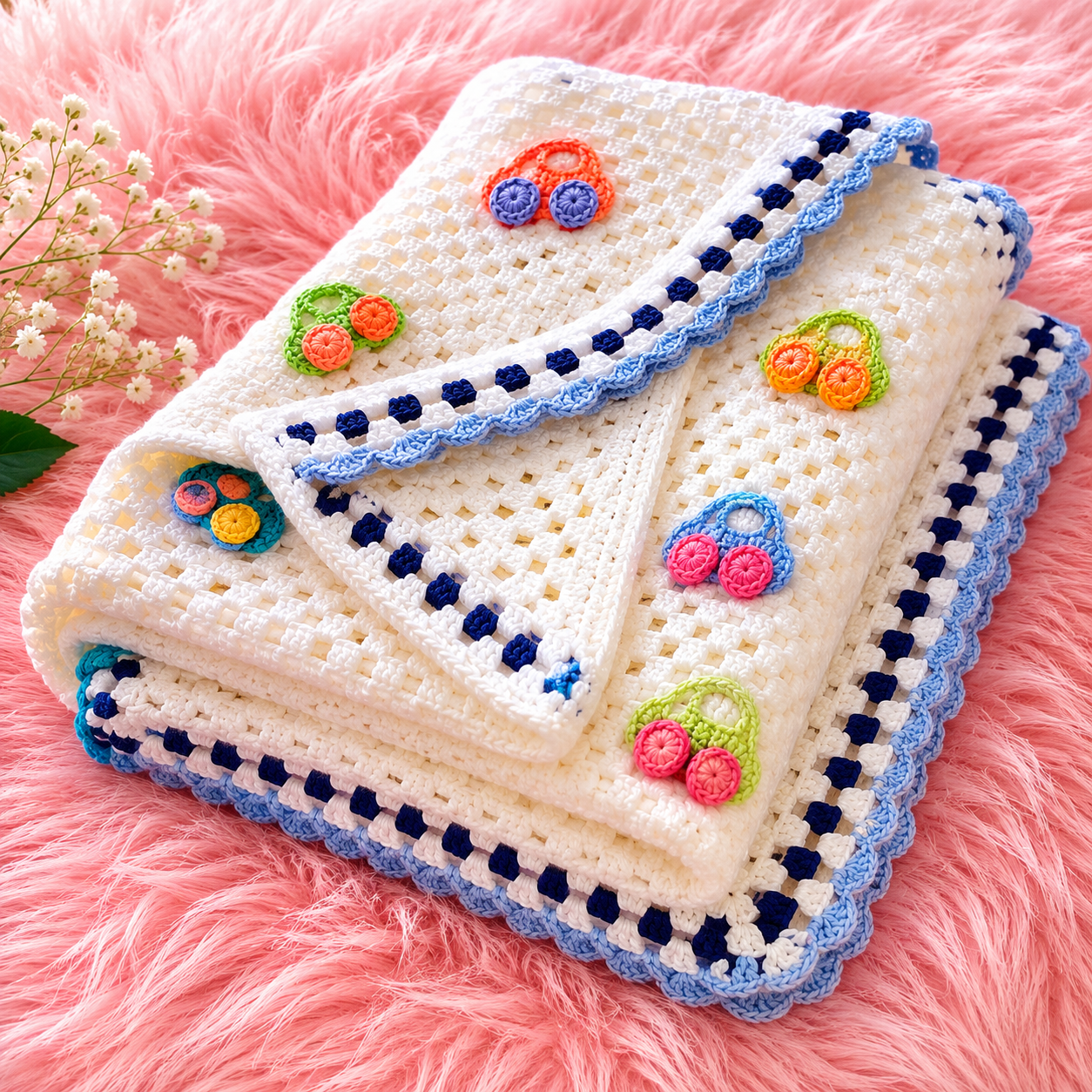 🚗 Luxury Handmade Crochet Baby Blanket – Colorful Car Appliqué Design | Premium Newborn & Toddler Blanket 👶🧶✨