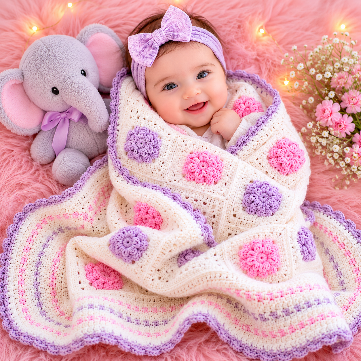 🌸 Luxury Handmade Crochet Floral Baby Blanket – Premium Newborn Swaddle & Keepsake Blanket 👶🧶✨