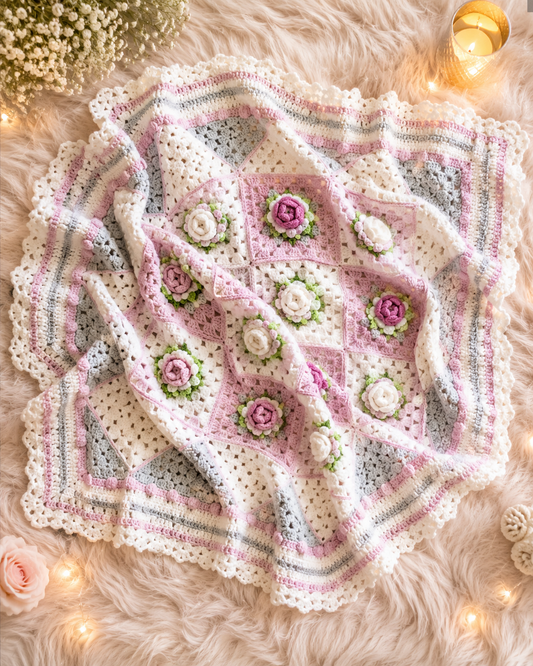 🌹 Luxury Handmade Crochet Rose Garden Baby Blanket – Premium Floral Newborn & Toddler Keepsake Blanket 👶🧶✨