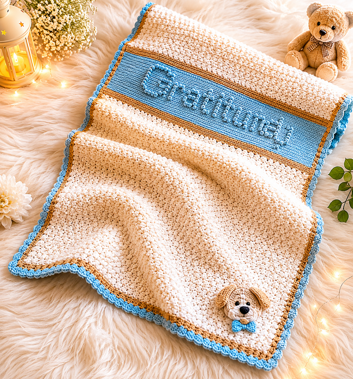 🧶 Personalized Crochet Name Blanket – Premium Handmade Baby Gift |Bluish Grey, Baby Pink & Sky Blue