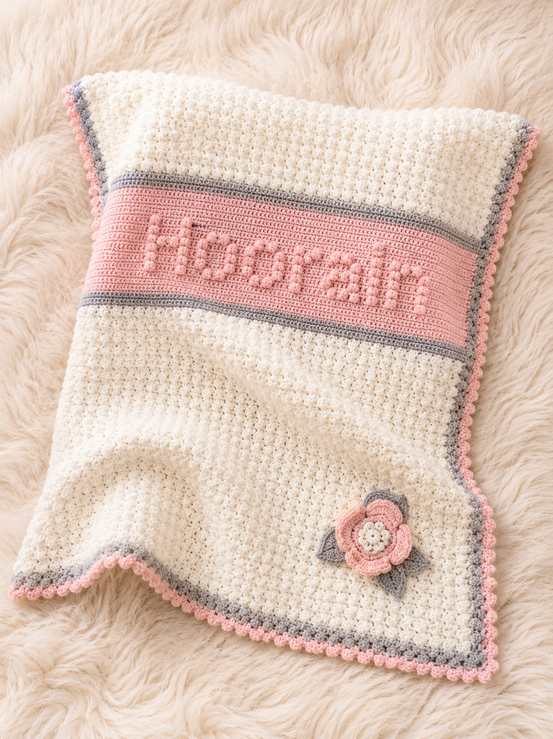 🧶 Personalized Crochet Name Blanket – Premium Handmade Baby Gift |Bluish Grey, Baby Pink & Sky Blue