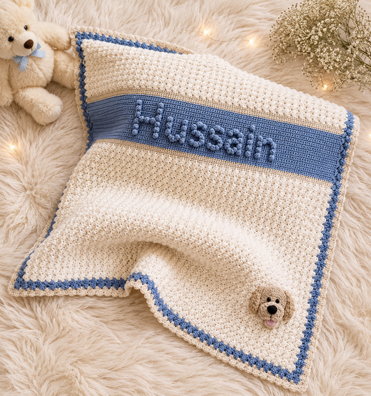 🧶 Personalized Crochet Name Blanket – Premium Handmade Baby Gift |Bluish Grey, Baby Pink & Sky Blue