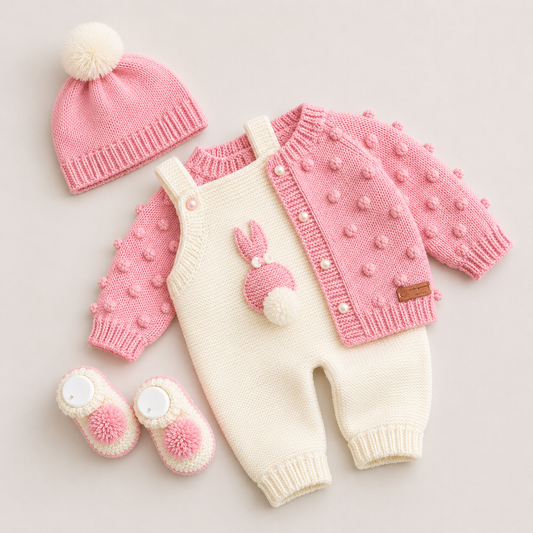 4 Piece Premium Handmade Baby Winter Romper Set – Pure Soft Woollen Crochet Outfit with Romper, Cardigan, Cap & Baby Shoes ❄️🧶