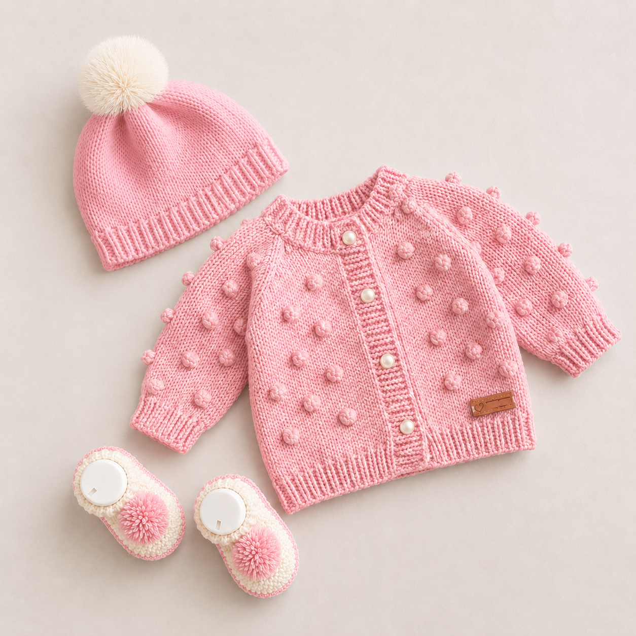 4 Piece Premium Handmade Baby Winter Romper Set – Pure Soft Woollen Crochet Outfit with Romper, Cardigan, Cap & Baby Shoes ❄️🧶