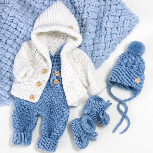 4 Piece Premium Handmade Baby Winter Woollen Set – Soft Crochet Romper, Hooded Cardigan, Cap & Baby Shoes ❄️🧶
