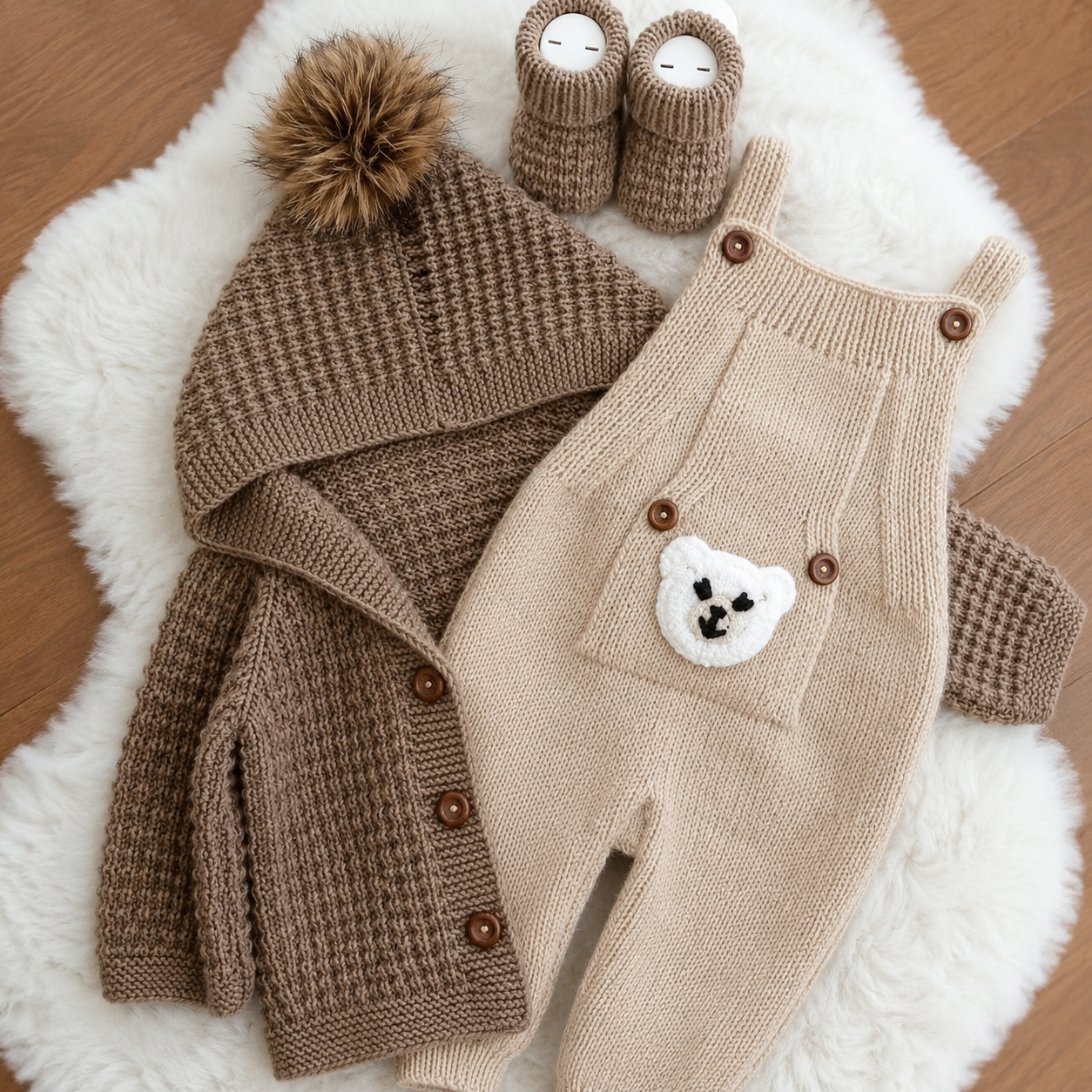 3 Piece Premium Handmade Baby Winter Woollen Set – Soft Crochet Romper with Hooded Cardigan & Baby Shoes ❄️🧶