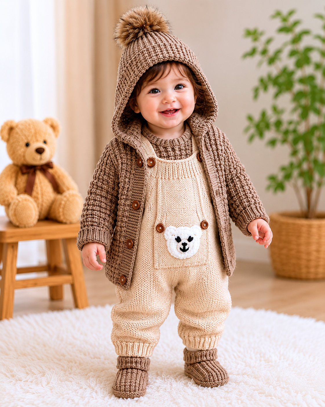 3 Piece Premium Handmade Baby Winter Woollen Set – Soft Crochet Romper with Hooded Cardigan & Baby Shoes ❄️🧶