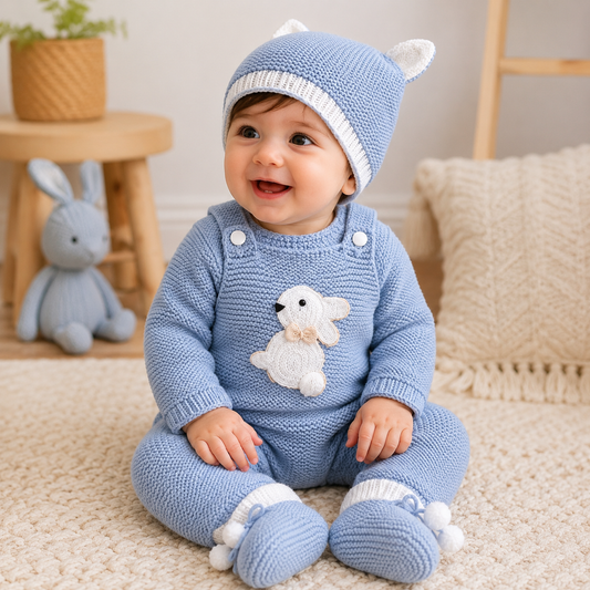 4 Piece Premium Handmade Baby Winter Woollen Set – Soft Crochet Romper, Cardigan, Cap & Baby Shoes ❄️🧶