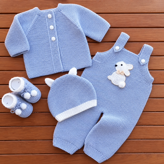 4 Piece Premium Handmade Baby Winter Woollen Set – Soft Crochet Romper, Cardigan, Cap & Baby Shoes ❄️🧶