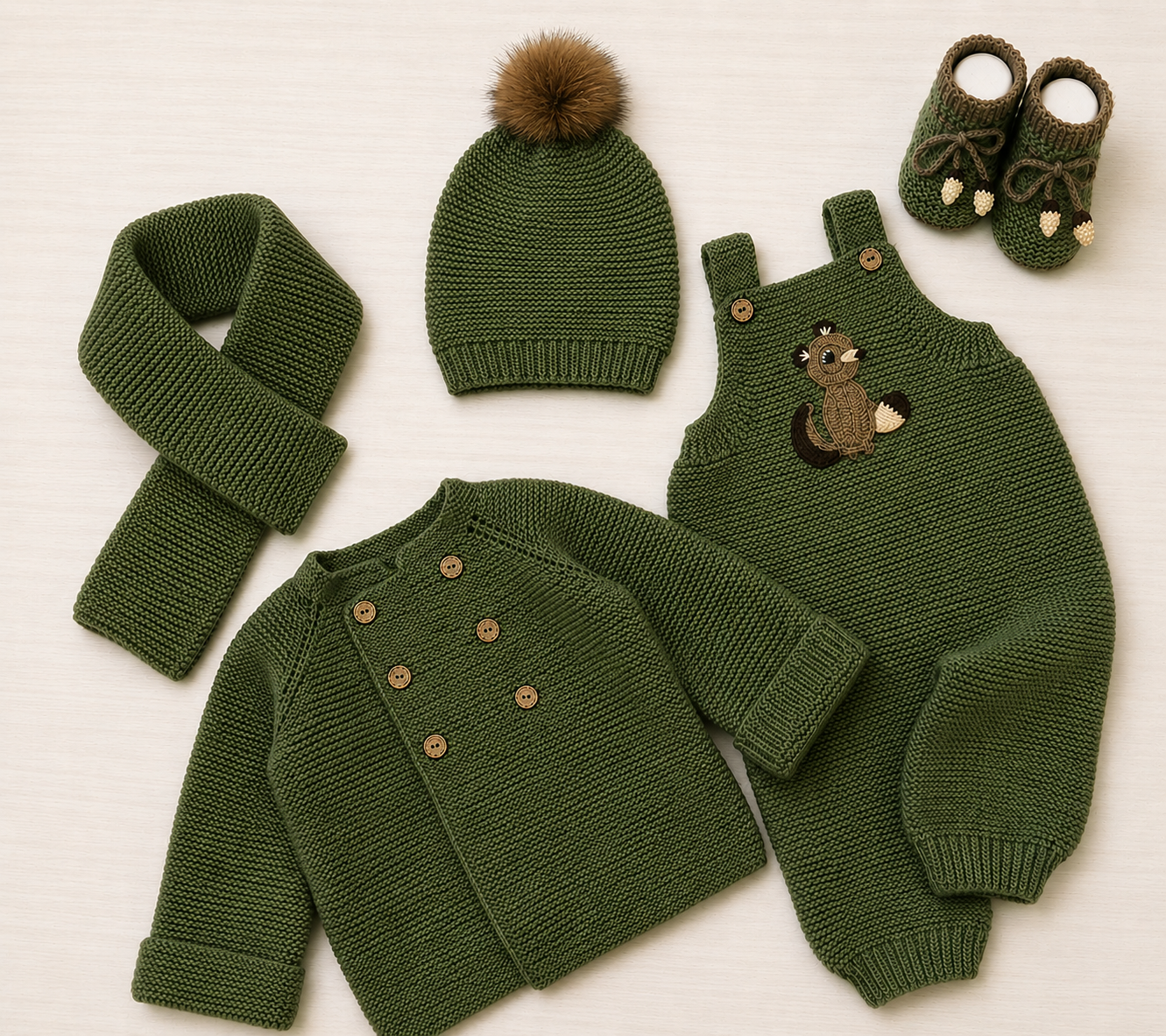 5 Piece Premium Handmade Baby Winter Woollen Set – Soft Crochet Romper, Cardigan, Cap, Muffler & Baby Shoes ❄️🧶