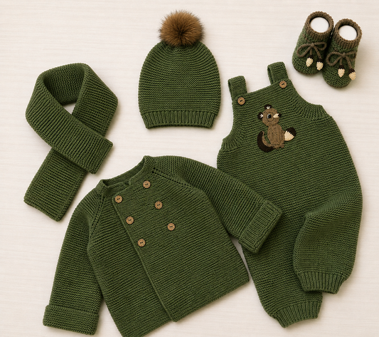 5 Piece Premium Handmade Baby Winter Woollen Set – Soft Crochet Romper, Cardigan, Cap, Muffler & Baby Shoes ❄️🧶
