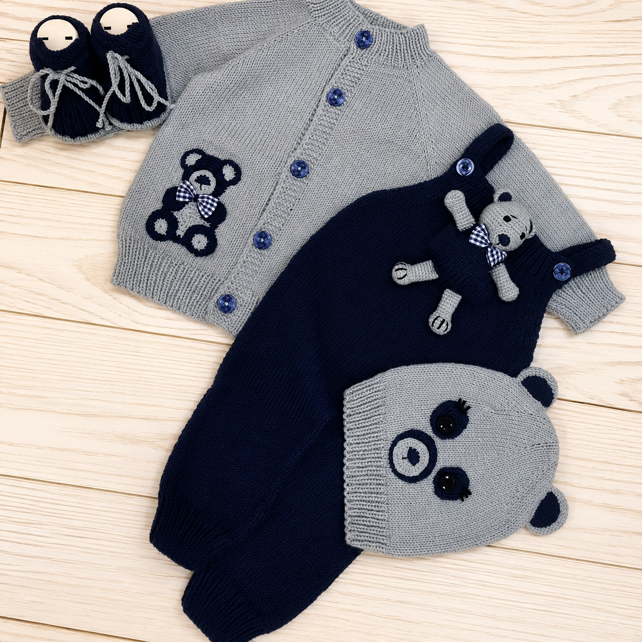 4 Piece Premium Handmade Baby Winter Woollen Set – Soft Crochet Romper, Cardigan, Bear Cap & Baby Shoes ❄️🧶