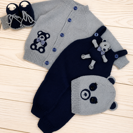 4 Piece Premium Handmade Baby Winter Woollen Set – Soft Crochet Romper, Cardigan, Bear Cap & Baby Shoes ❄️🧶