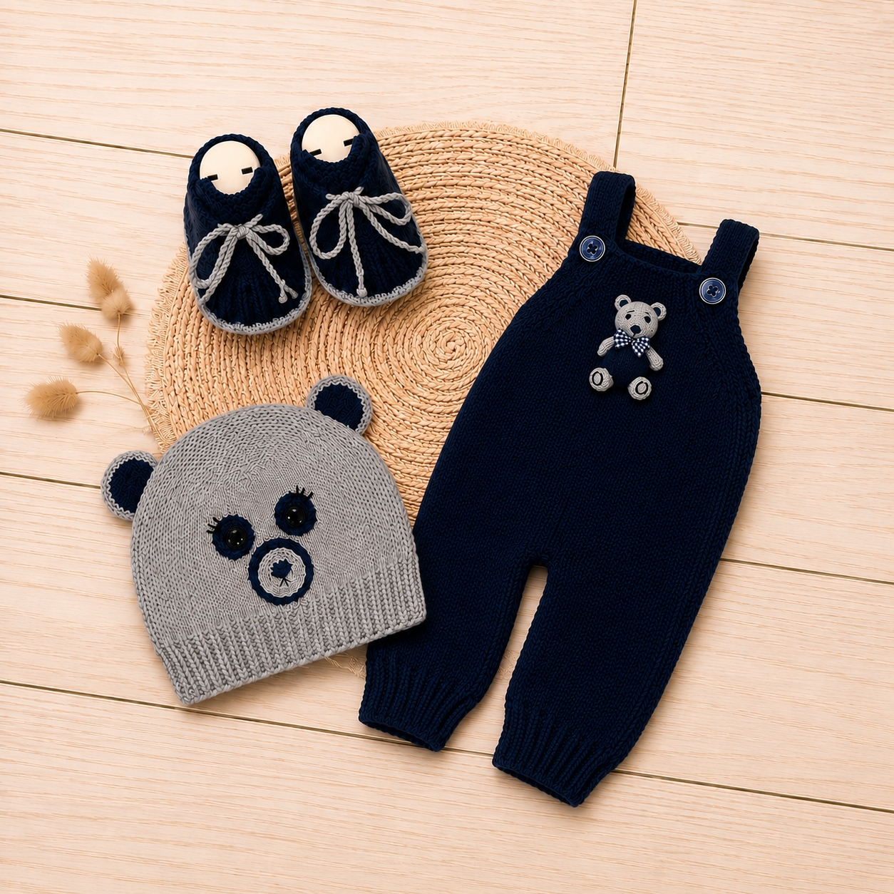 4 Piece Premium Handmade Baby Winter Woollen Set – Soft Crochet Romper, Cardigan, Bear Cap & Baby Shoes ❄️🧶