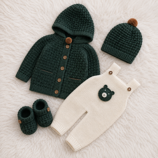 4 Piece Premium Handmade Baby Winter Woollen Set – Soft Crochet Romper, Hooded Cardigan, Winter Cap & Baby Shoes ❄️🧶