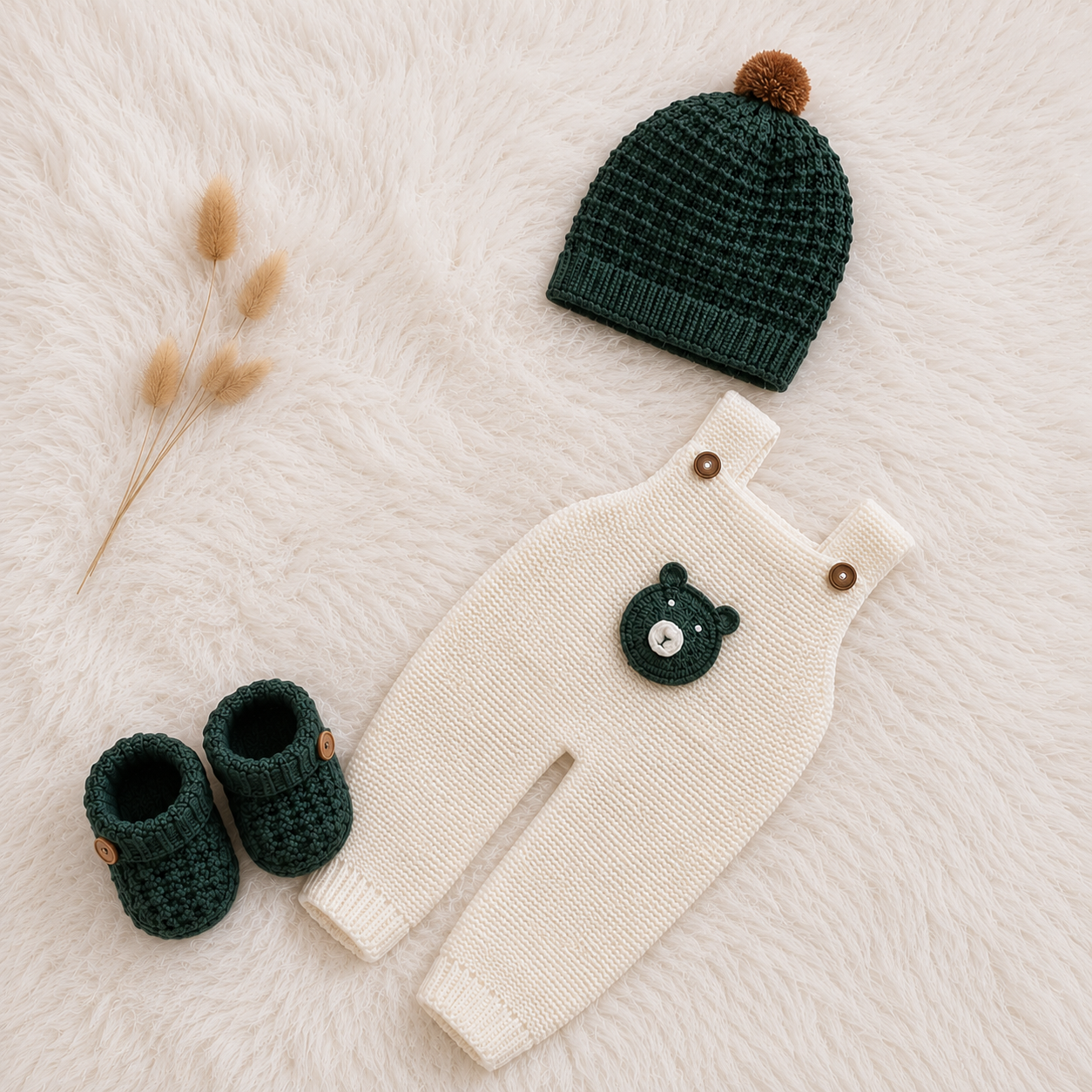 4 Piece Premium Handmade Baby Winter Woollen Set – Soft Crochet Romper, Hooded Cardigan, Winter Cap & Baby Shoes ❄️🧶