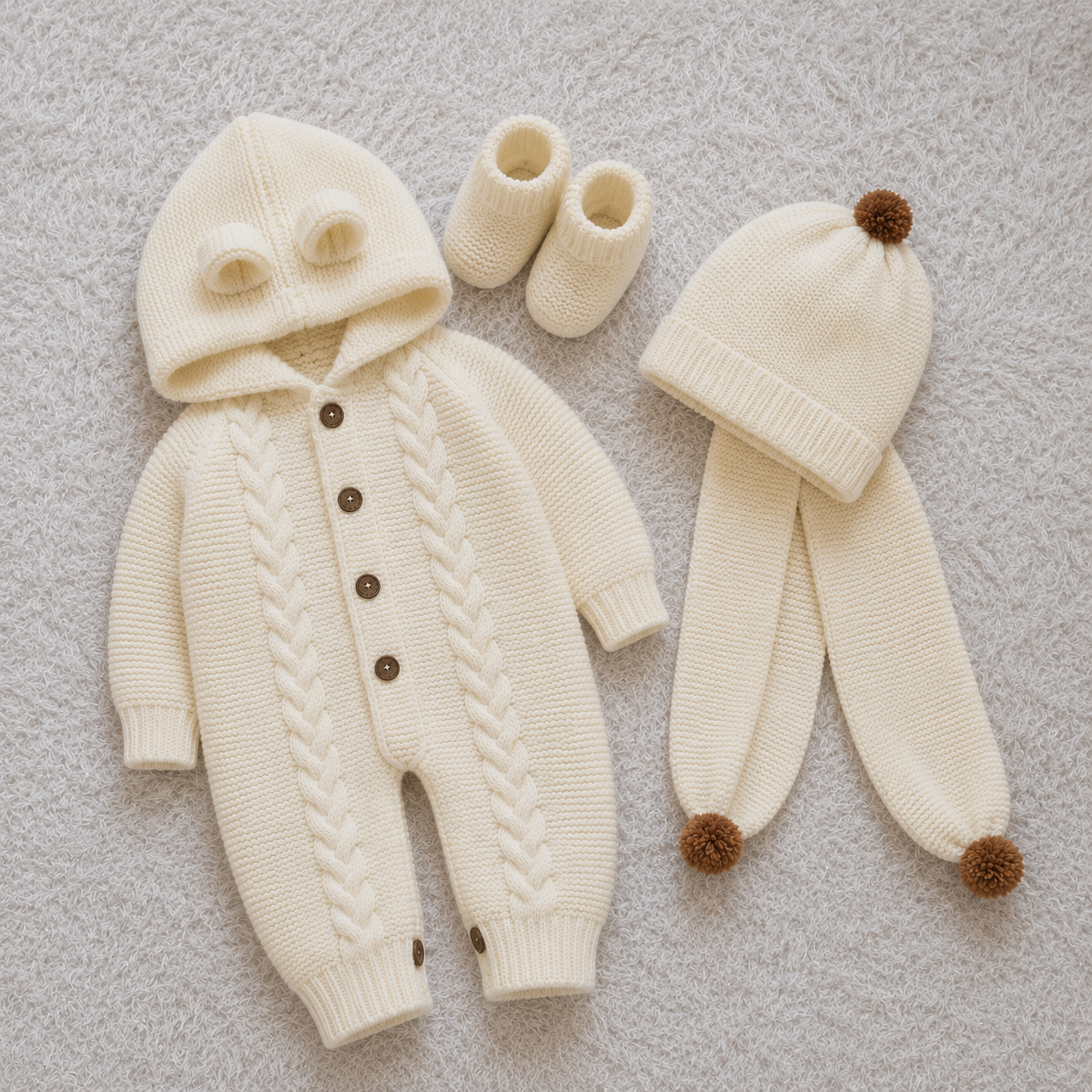 4 Piece Luxury Handmade Baby Winter Romper Set – Soft Woollen Hooded Romper, Winter Cap, Muffler & Baby Shoes ❄️🧶
