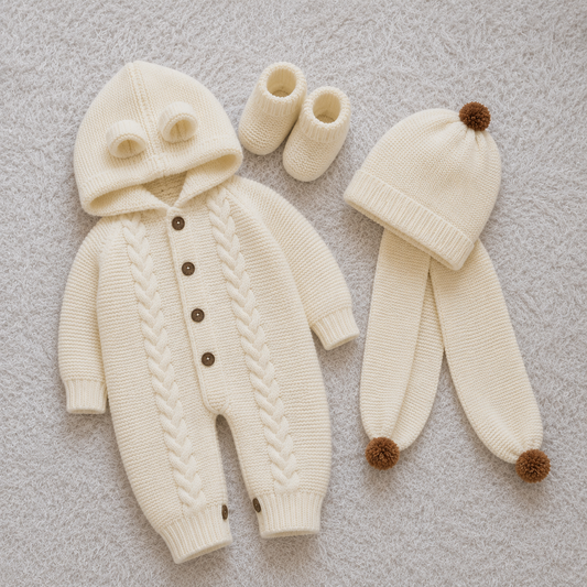 4 Piece Luxury Handmade Baby Winter Romper Set – Soft Woollen Hooded Romper, Winter Cap, Muffler & Baby Shoes ❄️🧶