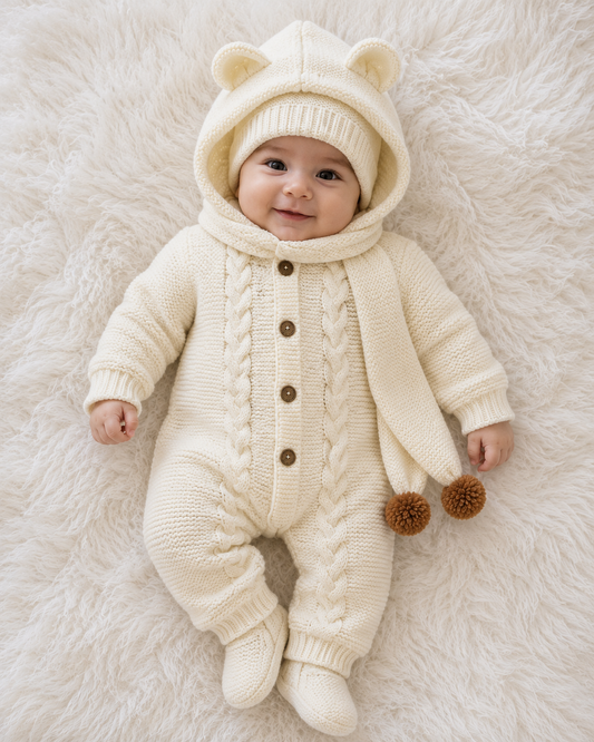 4 Piece Luxury Handmade Baby Winter Romper Set – Soft Woollen Hooded Romper, Winter Cap, Muffler & Baby Shoes ❄️🧶