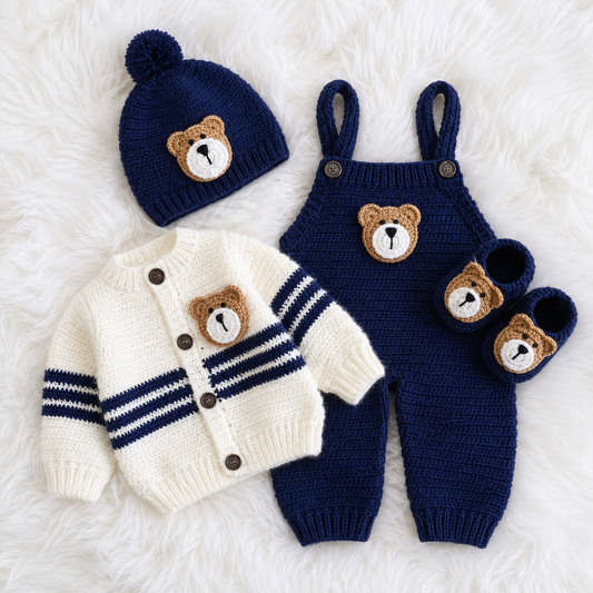 4 Pieces Luxury Handmade Baby Crochet Winter Set – Bear Theme Cardigan, Romper, Cap & Shoes 🧸🧶