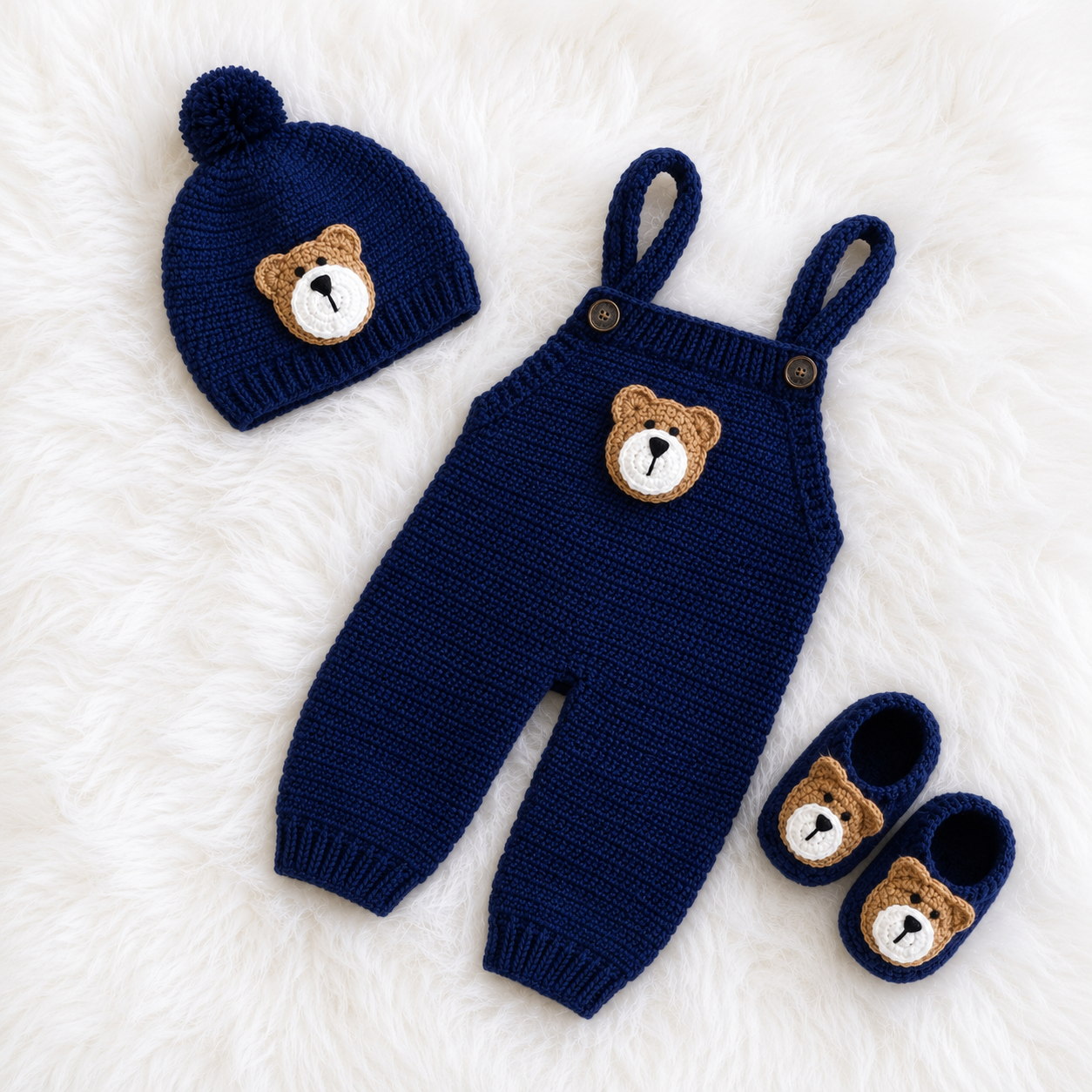 4 Pieces Luxury Handmade Baby Crochet Winter Set – Bear Theme Cardigan, Romper, Cap & Shoes 🧸🧶