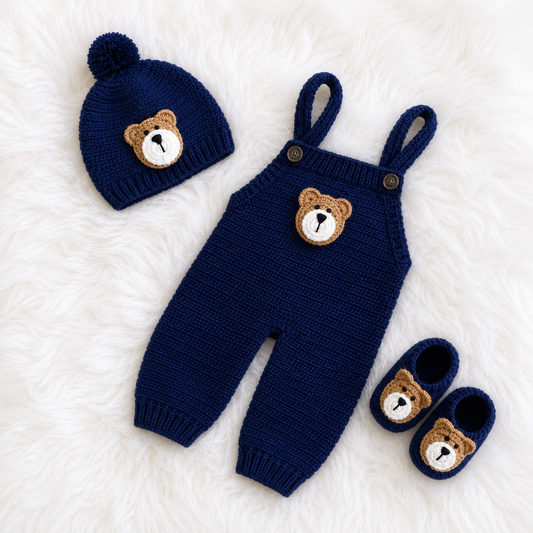 4 Pieces Luxury Handmade Baby Crochet Winter Set – Bear Theme Cardigan, Romper, Cap & Shoes 🧸🧶