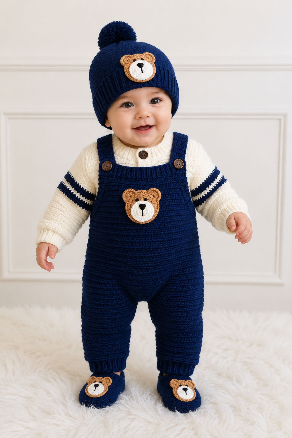 4 Pieces Luxury Handmade Baby Crochet Winter Set – Bear Theme Cardigan, Romper, Cap & Shoes 🧸🧶