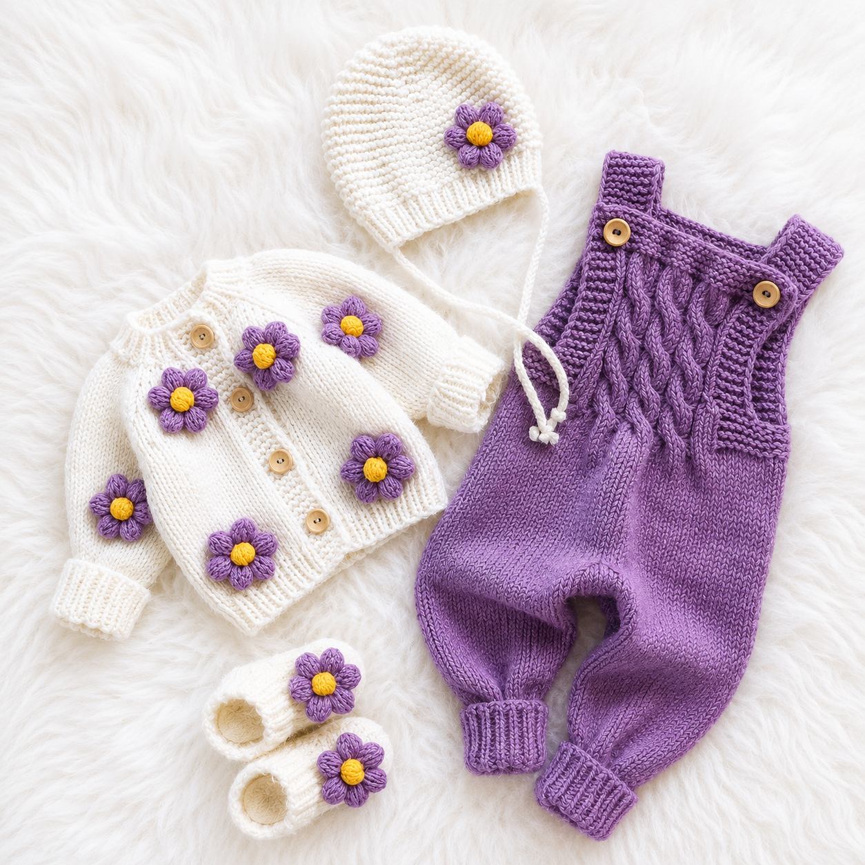 4 Piece Luxury Handmade Baby Crochet Flower Winter Set – Soft Woollen Cardigan, Romper, Cap & Baby Shoes 🌸🧶