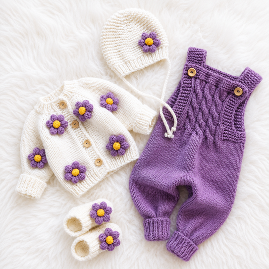 4 Piece Luxury Handmade Baby Crochet Flower Winter Set – Soft Woollen Cardigan, Romper, Cap & Baby Shoes 🌸🧶